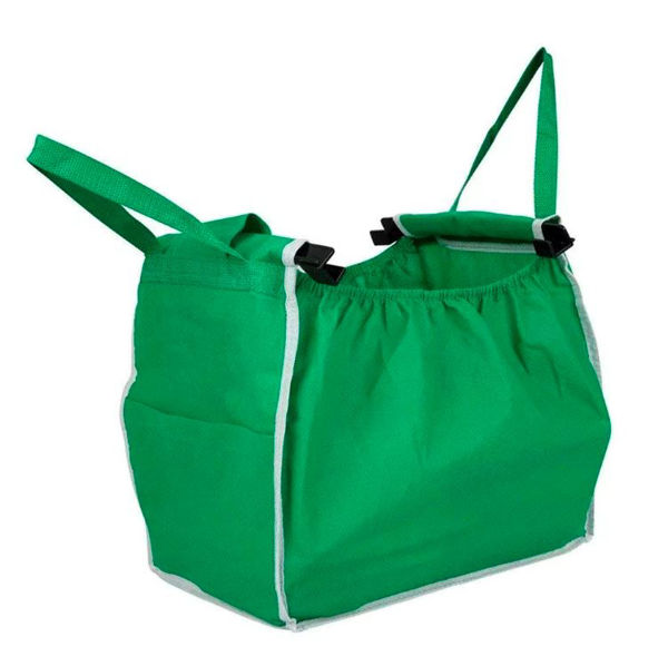 Imagen de Bolsa de TNT reforzado, con clip para carrito, con asas y bolsillo, plegable, pack x2