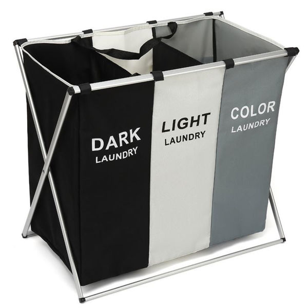 Imagen de Cesto de ropa plegable, 3 canastos, bolsillos exteriores, en caja