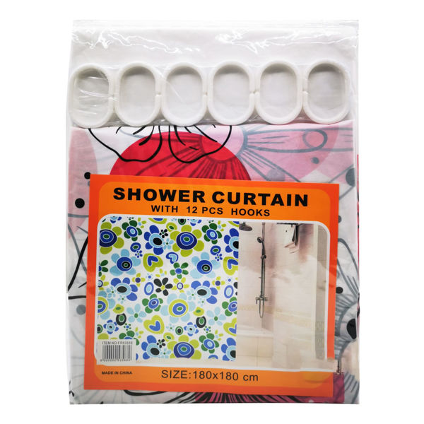 Imagen de Cortina de baño con 12 aros de plástico, de PEVA, varios diseños, en bolsa