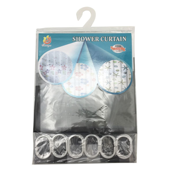 Imagen de Cortina de baño con 12 aros de plástico, de PEVA, varios diseños, en bolsa
