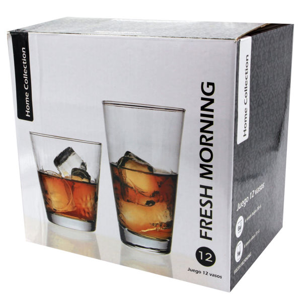Imagen de Vaso de vidrio, set 6 cortos 250ml y 6 largos 300ml con diseño, (PACK x12)