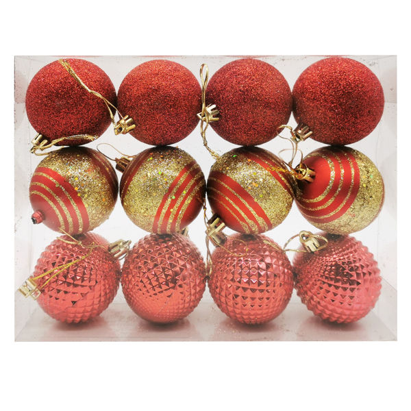 Imagen de Bolas navideñas x12 5cm, 3 diseños, en caja de mica rojo