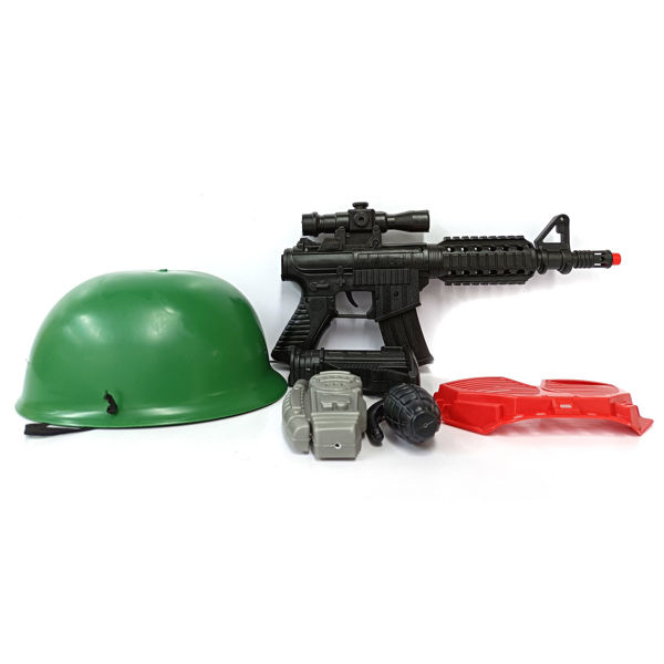 Imagen de Casco de soldado con ametralladora y accesorios, en red