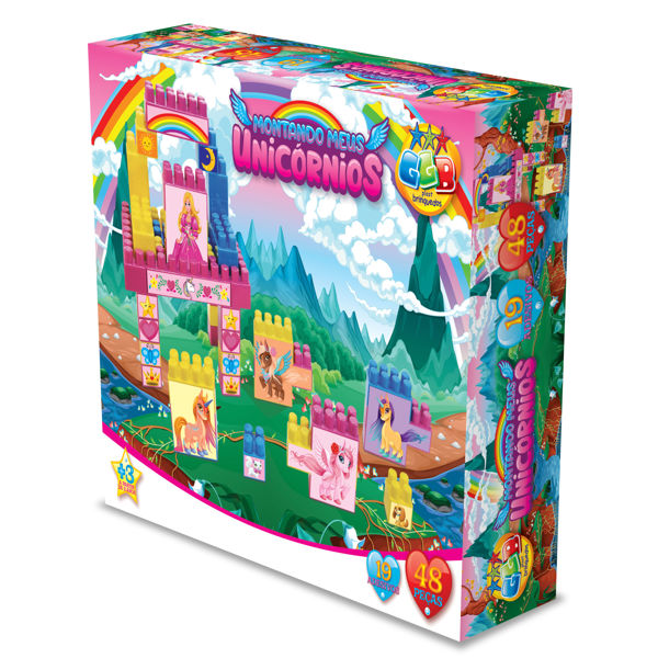Imagen de Bloques de plástico, 48 piezas, con adhesivos de unicornios, en caja