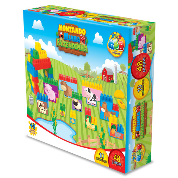 Imagen de Bloques de plástico, 48 piezas, con adhesivos de animales de granja, en caja