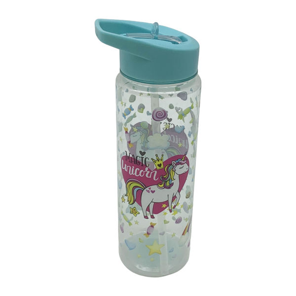 Imagen de Botella deportiva infantil 600ml, con sorbito retráctil, varios diseños de unicornios, en bolsa