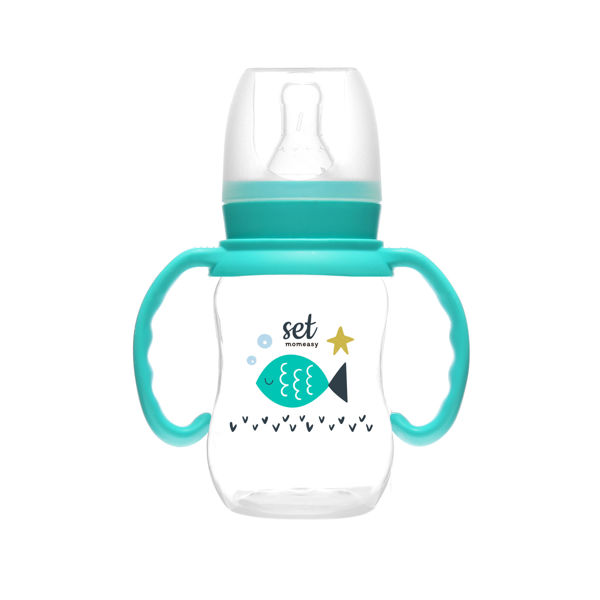 Imagen de Mamadera de plástico 120ml con asas tetina natural standard, en caja, 2 colores MOMEASY