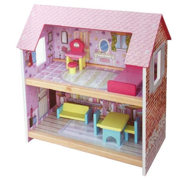 Imagen de Casita de muñecas de MDF, con 6 muebles, cama sillón, tocador, 2 sillas, mesa y banquito, en caja