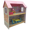 Imagen de Casita de muñecas de MDF, con 6 muebles, cama sillón, tocador, 2 sillas, mesa y banquito, en caja