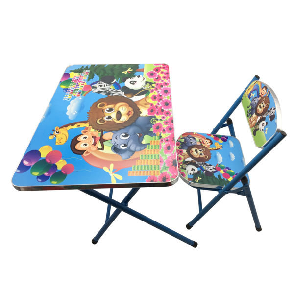 Imagen de Mesa y silla plegable, madera y metal AZUL, varios diseños en caja