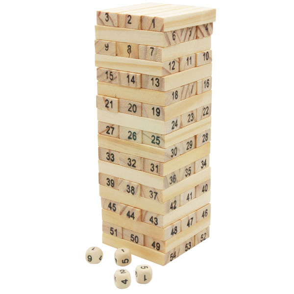 Imagen de Juego de mesa, torre para armar, 54 bloques de madera y 4 dados, en caja