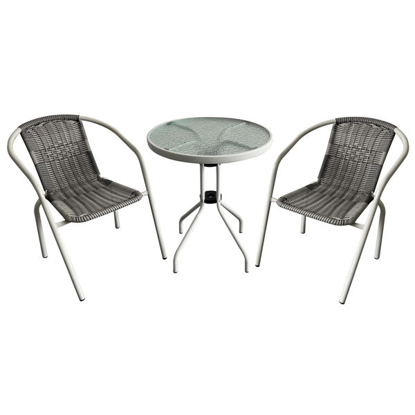 Imagen de Mesa de metal color blanco tapa de vidrio, con 2 sillas de metal y símil rattan, en caja