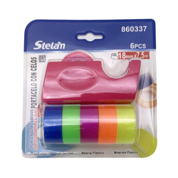 Imagen de Cinta adhesiva x6 colores, con portacinta, en blister