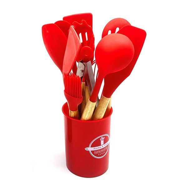 Imagen de Cucharones utensilios de cocina x12 de silicona con mango de madera, en caja, varios colores