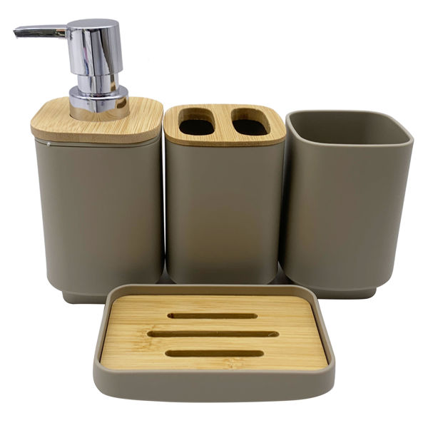 Imagen de Dispensador de jabón de plástico y bambú, con accesorios, 4 piezas