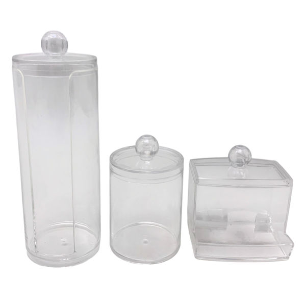 Imagen de Porta discos de algodón, dispensador de hisopos y frasco con tapa, de acrílico, en caja