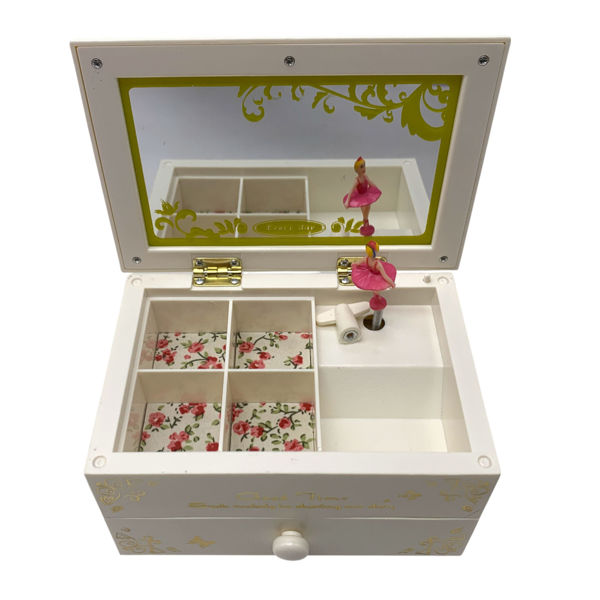 Imagen de Alhajero cajita musical cajonera de plástico, con espejo, en caja 2 colores