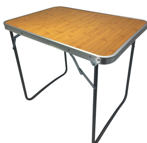 Imagen de Mesa de aluminio plegable, tapa símil madera color claro, con asa en caja