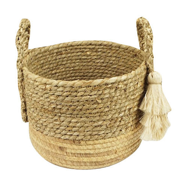 Imagen de Cesto combinado con pompón, grande, de fibras naturales, junco de agua