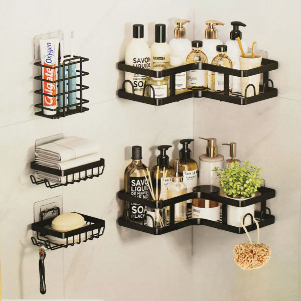 Imagen de Organizador esquinero para baño, de metal autoadhesivo, 5 piezas, en caja