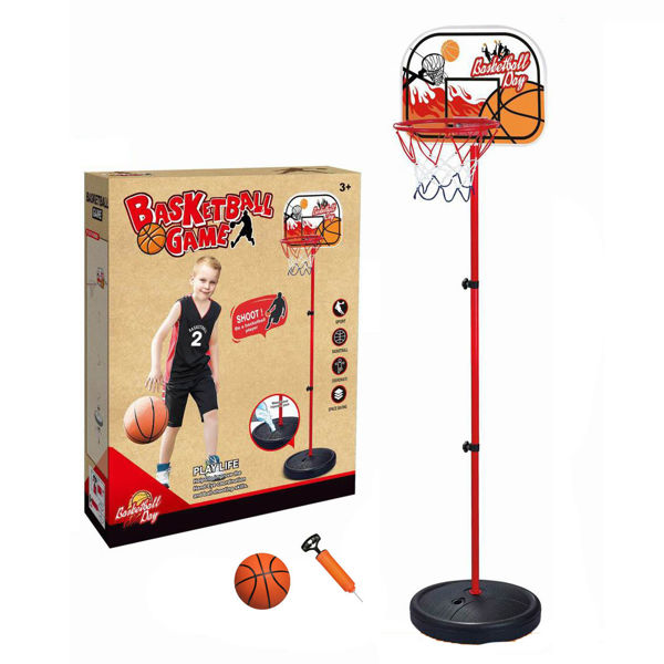 Imagen de Tablero de basket de plástico y metal, altura regulable, base para rellenar con agua o arena, con pelota e inflador en caja