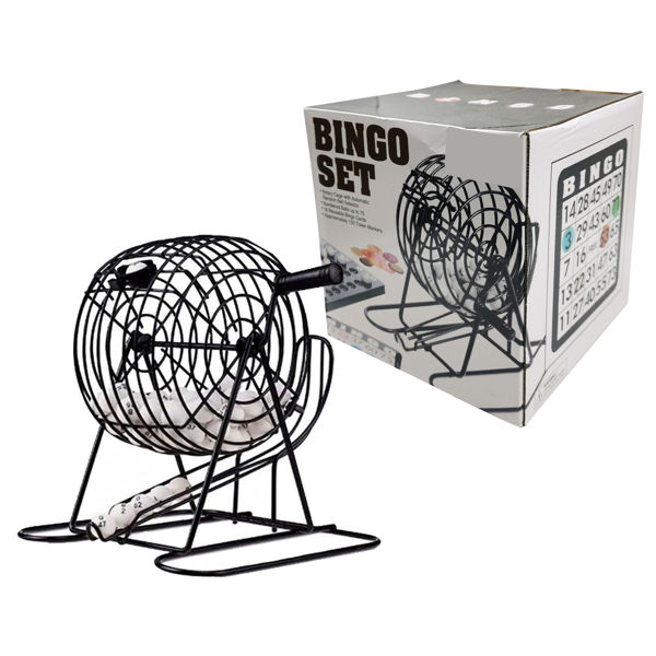 Imagen de Juego de mesa, bingo, bolillero de metal, con cartones y marcadores, en caja