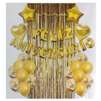 Imagen de Globos surtidos x38 feliz aniversario y cortina metalizada, en bolsa