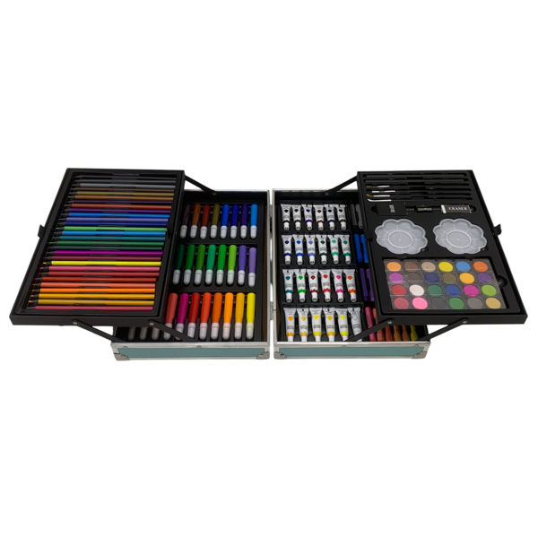 Imagen de Maletín escolar, 144 piezas, contiene lápices de colores, lápices negros, marcadores, acuarelas, pintura al agua, óleo pastel, varios accesorios, diseño dinosaurio