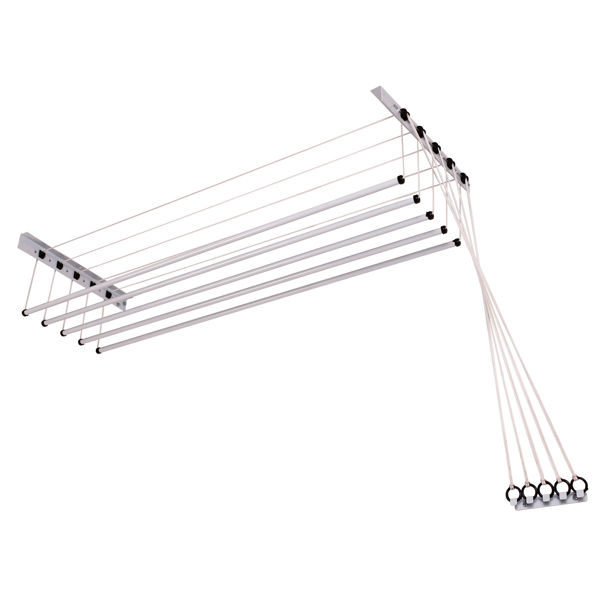 Imagen de Tendedero de ropa colgante de techo y pared, 5 varillas con poleas independientes, de acero pintado, BLANCO Maxeb