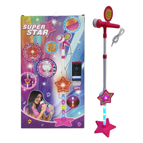 Imagen de Micrófono con pie, con luz y sonido, MP3 3AA, en caja