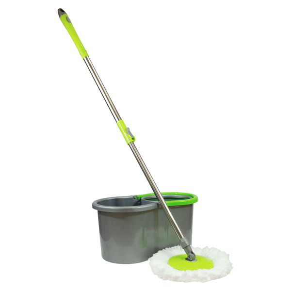 Imagen de Mopa de microfibra mango de acero inoxidable extensible + balde de plástico con centrifugadora de plástico, en bolsa ALKLIN