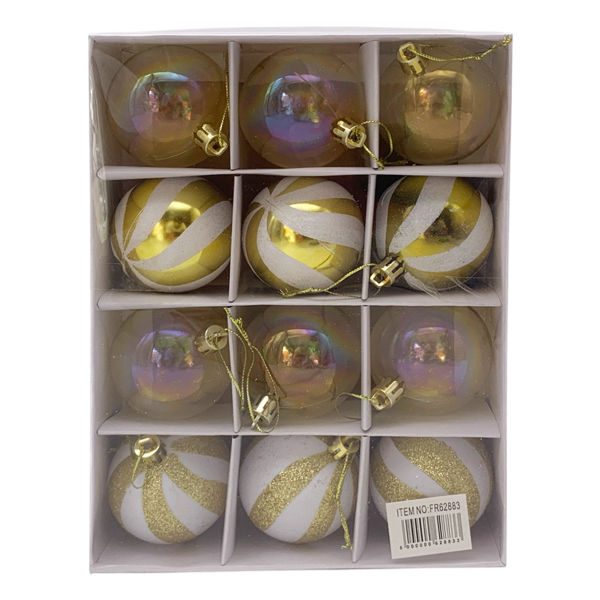 Imagen de Bolas navideñas x12 6cm, varios diseños, en caja, varios colores