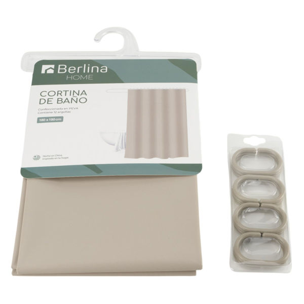 Imagen de Cortina de baño con 12 aros de plástico, de PEVA, BEIGE, Berlina home, en bolsa
