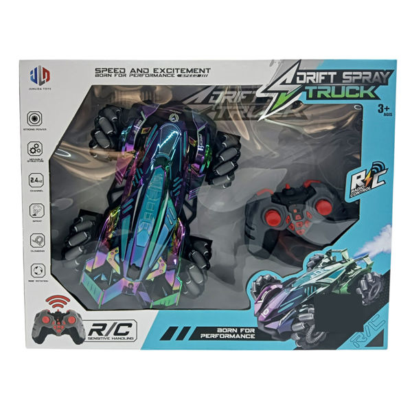 Imagen de Auto a control remoto, con luz, sonido y rociador, recarga USB y 2AA, en caja varios colores tornasolados
