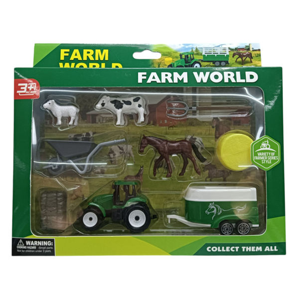 Imagen de Tractor a fricción, mini, con remolque, animales de granja y accesorios, en caja