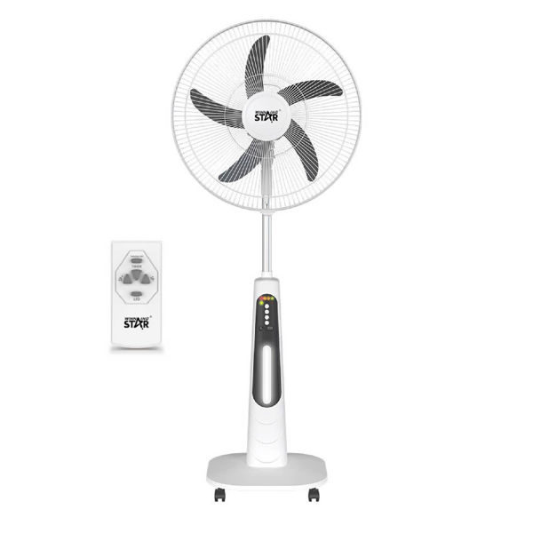 Imagen de Ventilador WINNING STAR 18", inalámbrico con control remoto, luz led, puerto USB para carga externa, corriente alterna y recargable, 4 velocidades, 5 aspas de plástico, 35W, bartería 12v, con ruedas, en caja