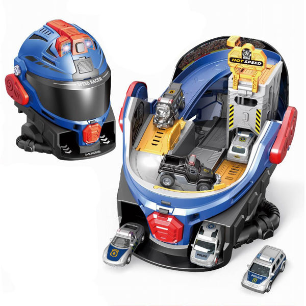 Imagen de Pista de autos con lanzador, casco azul con 4 autos, con luz y sonido en caja