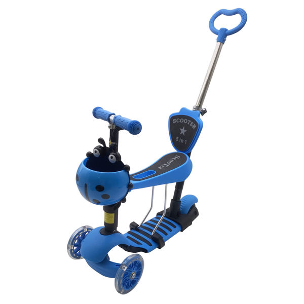 Imagen de Tripatín 2 ruedas delanteras con luz, con barra guía, asiento desmontable y canasto, en caja varios colores