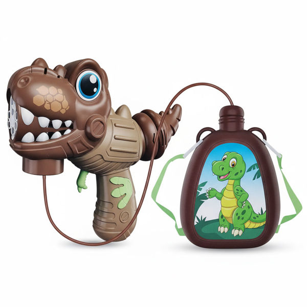 Imagen de Pompero burbujero pistola dinosaurio con mochila, con luz 4AA, en caja 2 colores