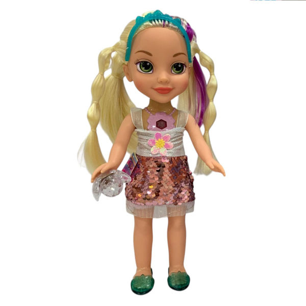 Imagen de Muñeca cuerpo de plástico cara de goma, accesorios para el pelo, con luz y sonido, 3AA, en caja