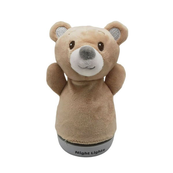 Imagen de Dormidera veladora peluche oso con luz cambia de color, 3AAA, en caja de PVC, sin sonido
