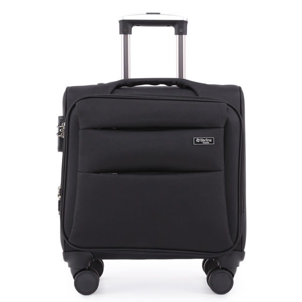 Imagen de Valija Berlina NEGRO, semi rígida, carry on, ruedas omnidireccionales 360, manija telescópica, tranca numérica, correa para ajustar ropa, bolsillo interior con cierre y 3 bolsillos exteriores