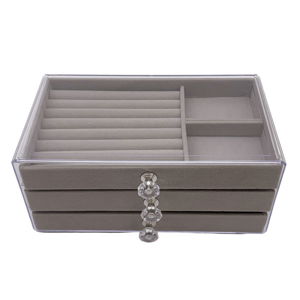 Imagen de Alhajero de acrílico, 3 cajones con divisiones de fieltro, varios colores