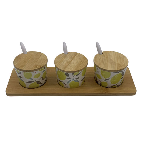 Imagen de Especiero de fibra de bambú x3, con bandeja y cuchara, con diseños