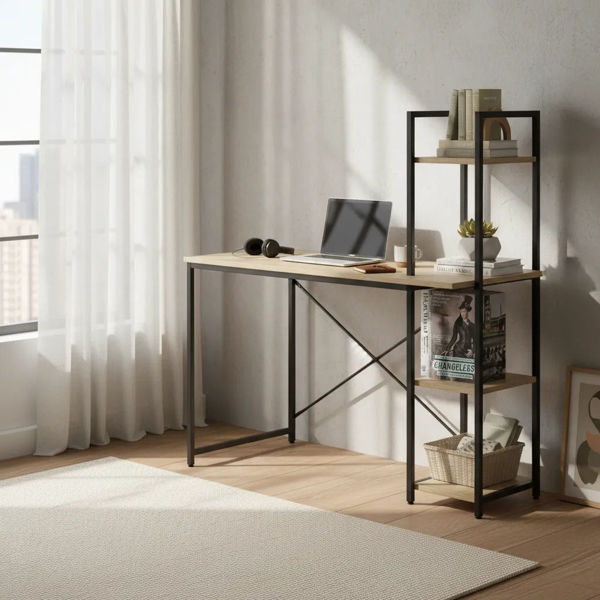 Imagen de Escritorio de hierro y MDF con estantería lateral, en caja Berlina Home