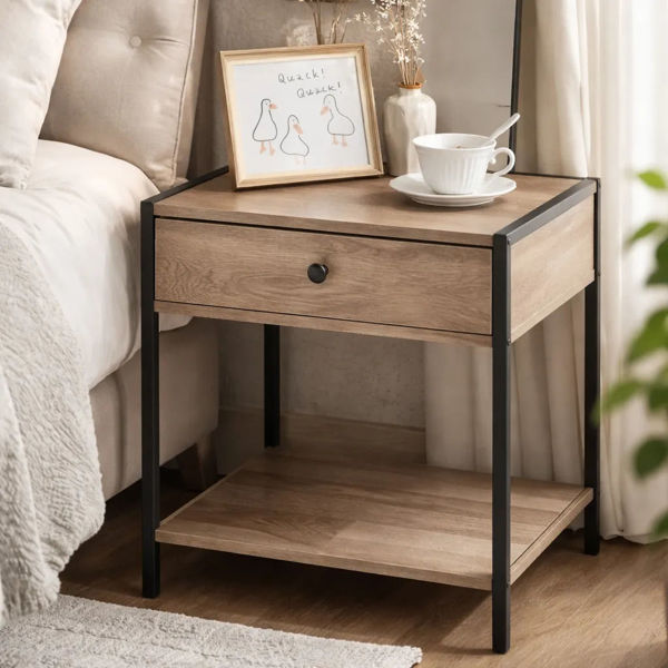Imagen de Mesa auxiliar o de luz de hierro y MDF 1 estante 1 cajón, en caja Berlina Home