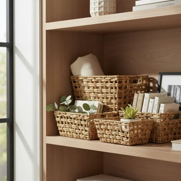Imagen de Caja organizadora rectangular calada con asas, grande, de fibras naturales, junco de agua
