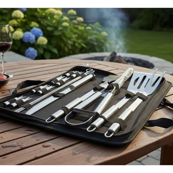 Imagen de Set de parrilla 18 piezas, mango acero inoxidable, en estuche de tela con cierre