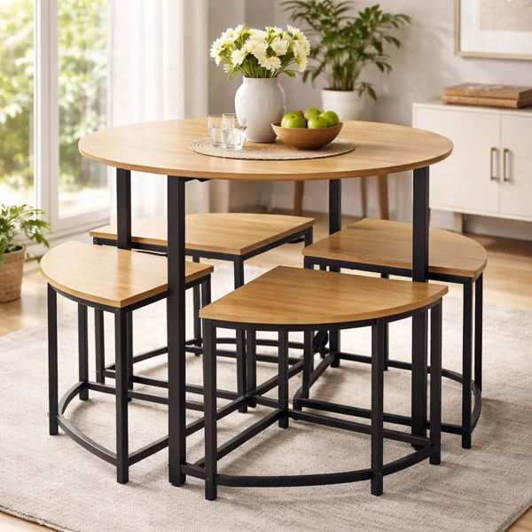 Imagen de Mesa redonda de hierro y MDF con 4 bancos, BEIGE, en caja Berlina Home