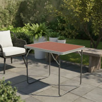 Imagen de Mesa de aluminio plegable, tapa símil madera color oscuro, con asa, en caja